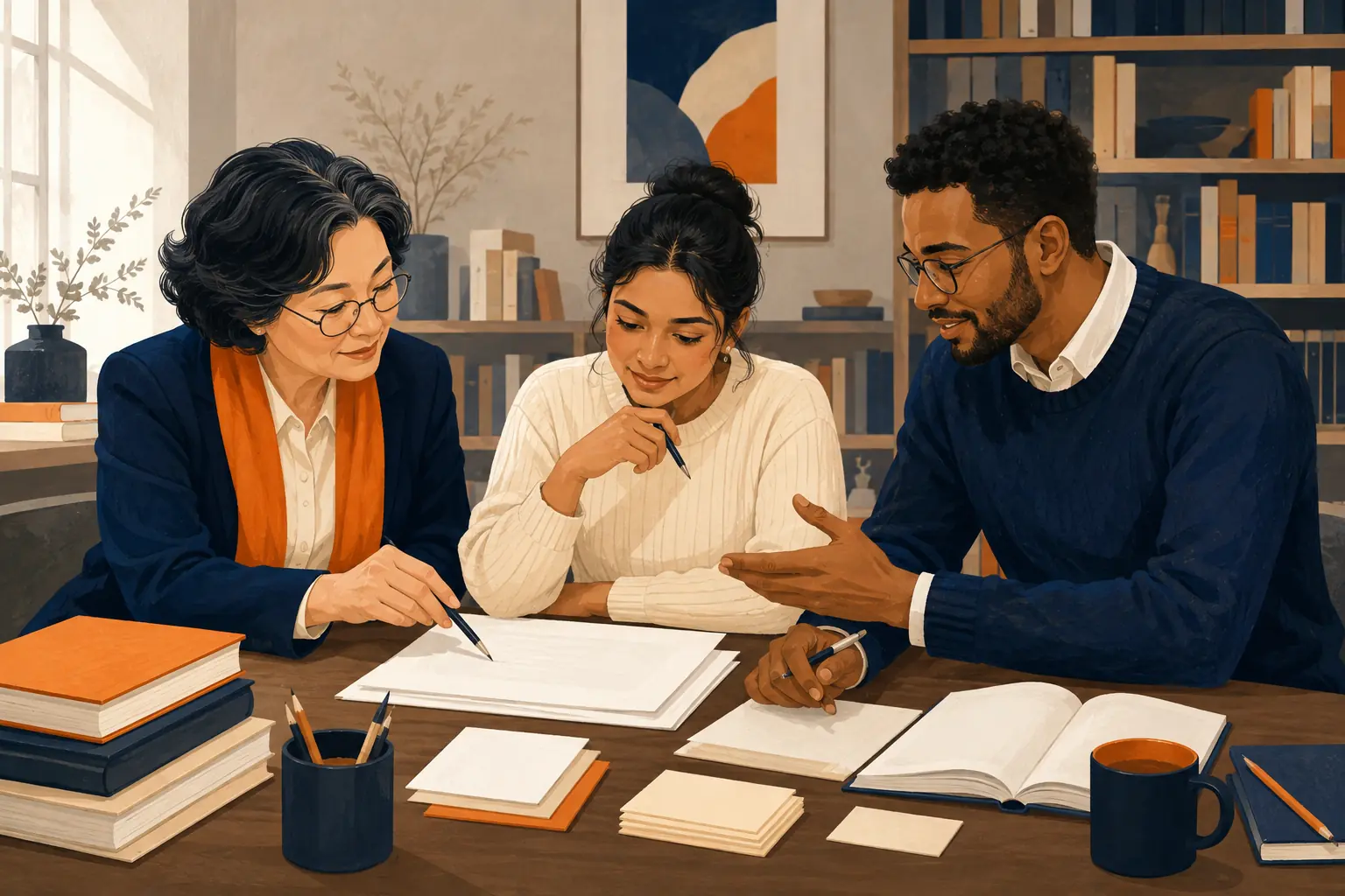 Illustration of academic mentors supporting a student with research and writing