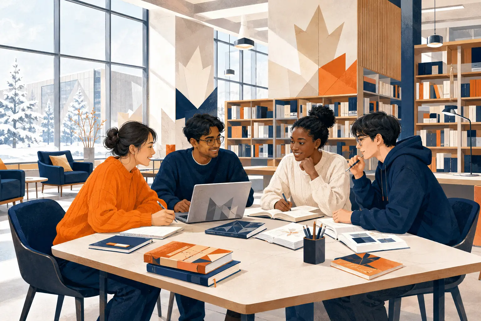 Illustration of university students receiving academic support in Canada