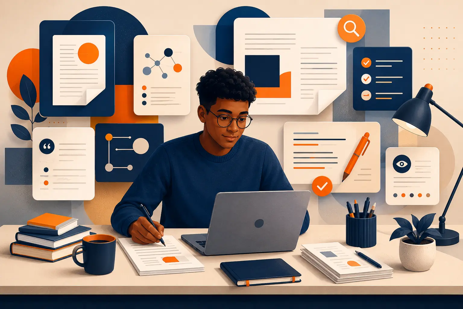 Illustration of a student using academic writing, research and editing support