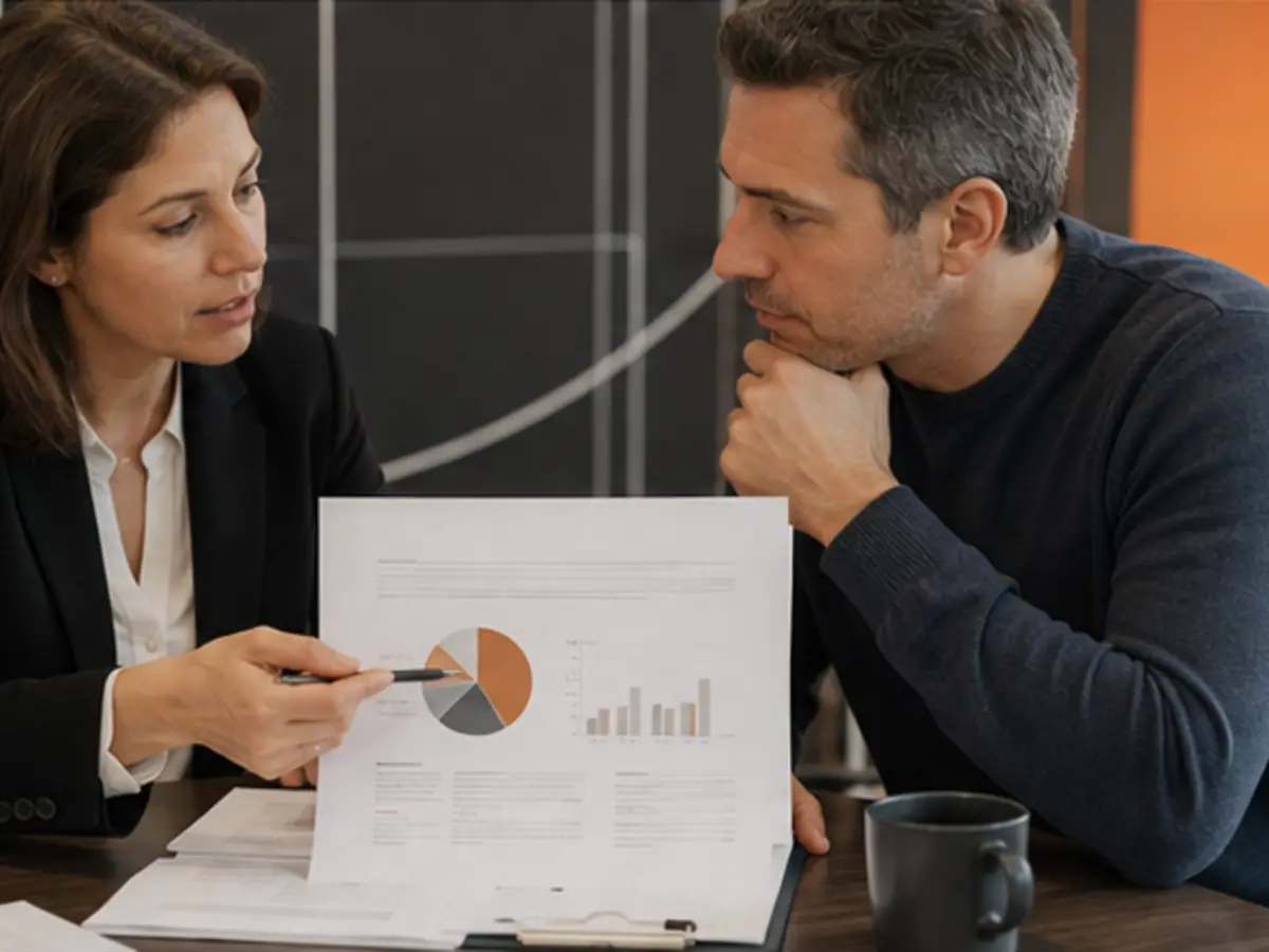 Professional reviewing a structured report, charts and supporting notes