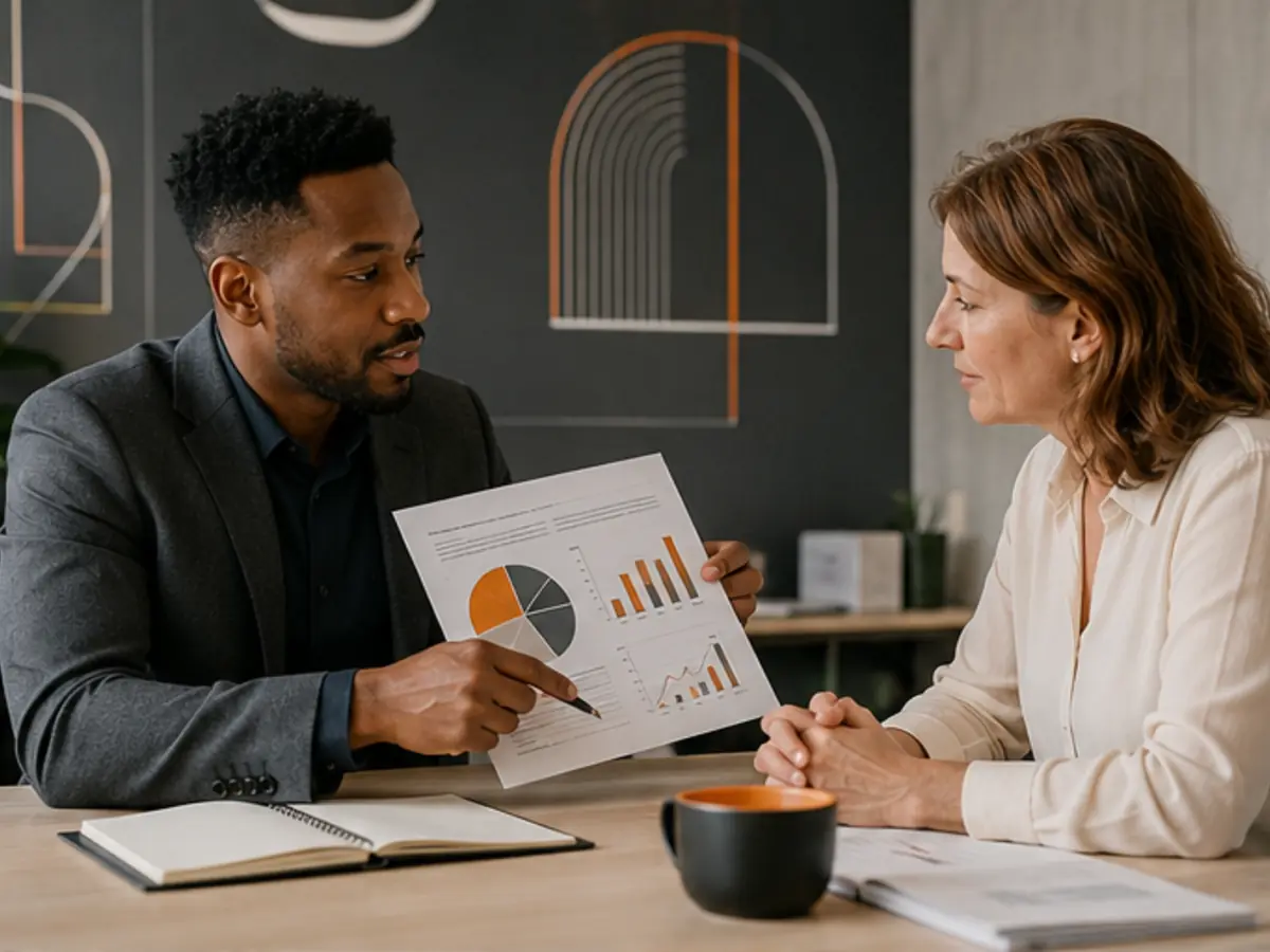 Professional reviewing a detailed report and supporting evidence in a themed illustrative setting