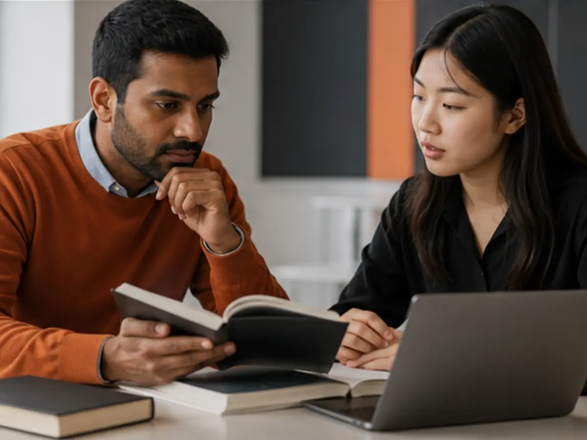 Researcher evaluating sources and organising evidence for an academic project