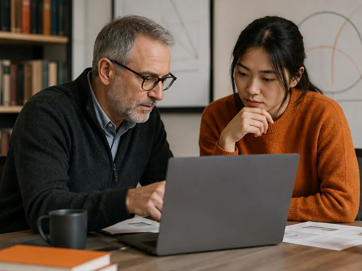Researcher organising sources and evidence with a specialist in an illustrated workspace