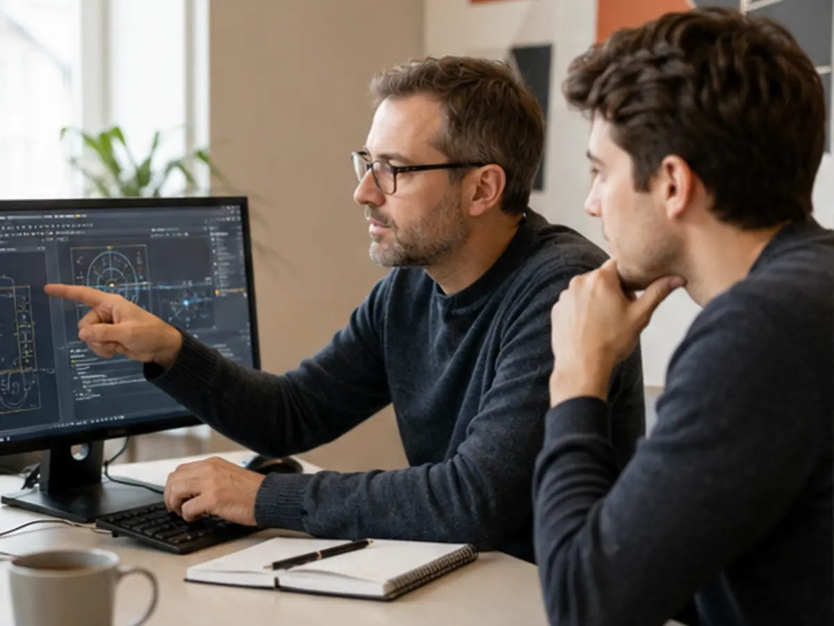 Technical specialist and client reviewing a digital system in a branded workspace