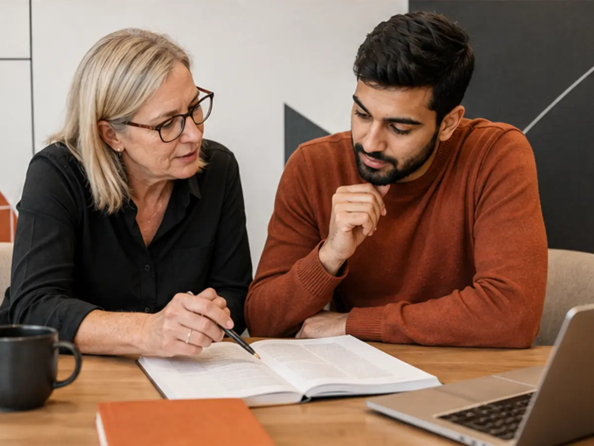 Student receiving professional writing guidance in a warm illustrative study environment